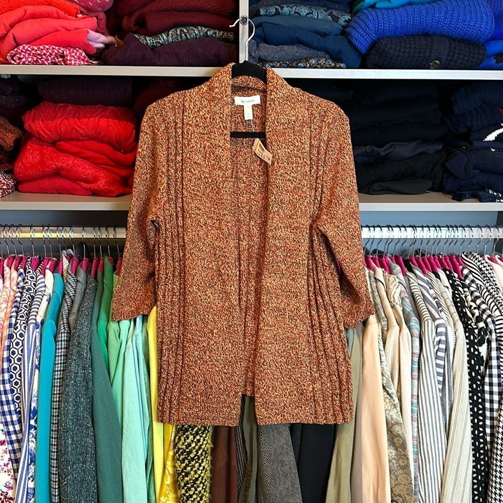 Dress Barn red/orangeange/green knitted open front cardigan an size M NWT